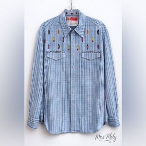 Robert Graham Surfboard Embroidered Blue Gingham Button Down Shirt XL